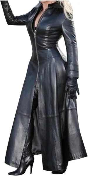 Womens Leather Long Sleeve Jacket Dress Lapel Full Zipper Faux Leather Long Jacket Coats Fashion Trench Coat Outwear