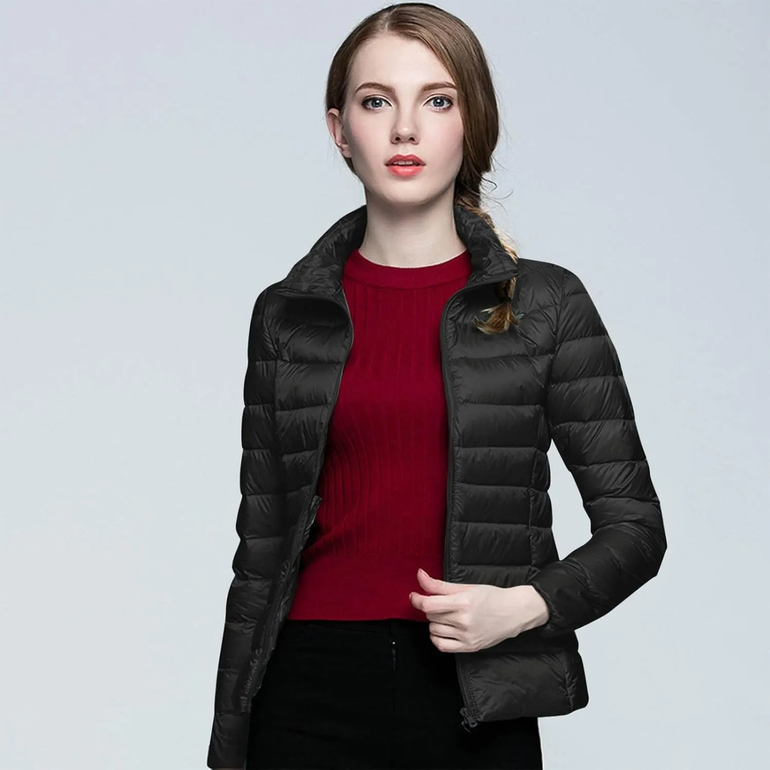 Womens Lightweight Puffer Jacket Packable Stand Collar Quilted Down Coats 2024 Winter Warm Down Jackets with Pockets