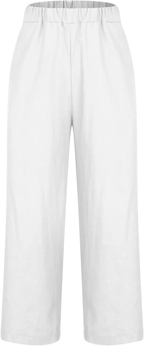 Women's Linen Pants Casual High Waist Drawstring Loose Fit Summer Pants Solid Color Long Trousers with Side Pockets