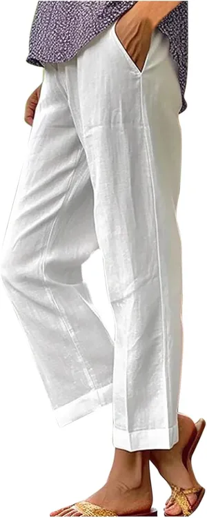 Women's Linen Pants Casual High Waist Drawstring Loose Fit Summer Pants Solid Color Long Trousers with Side Pockets