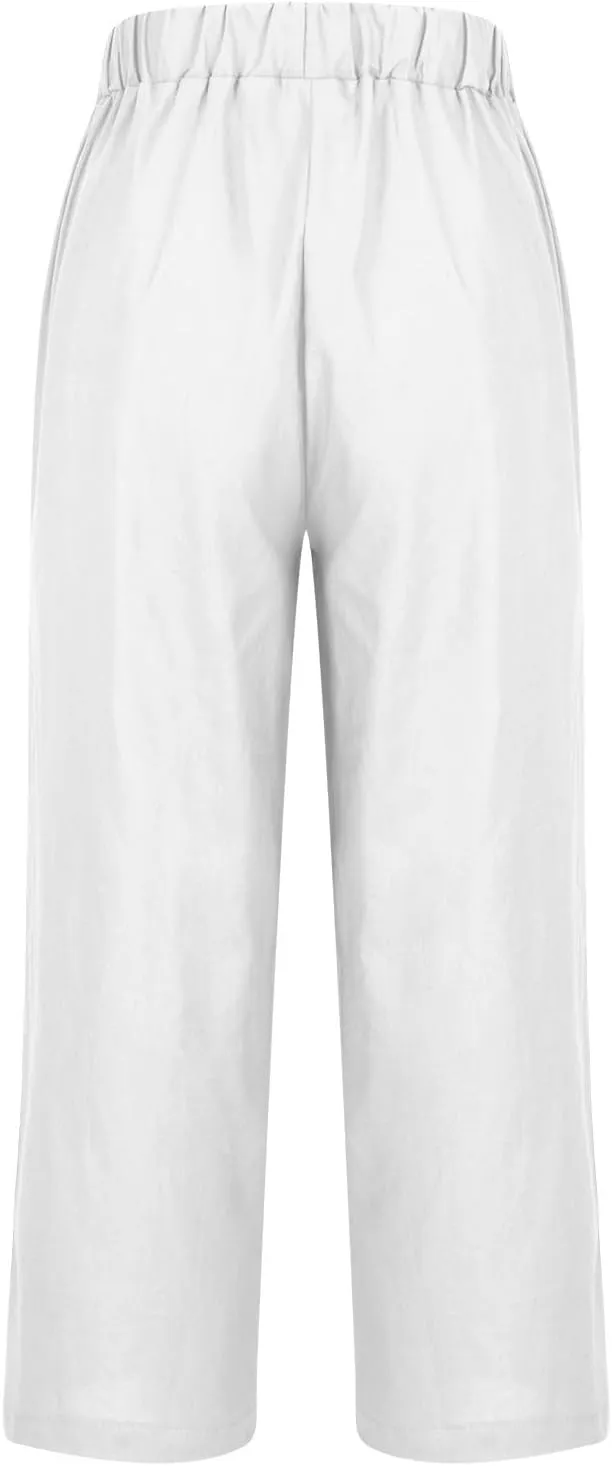 Women's Linen Pants Casual High Waist Drawstring Loose Fit Summer Pants Solid Color Long Trousers with Side Pockets