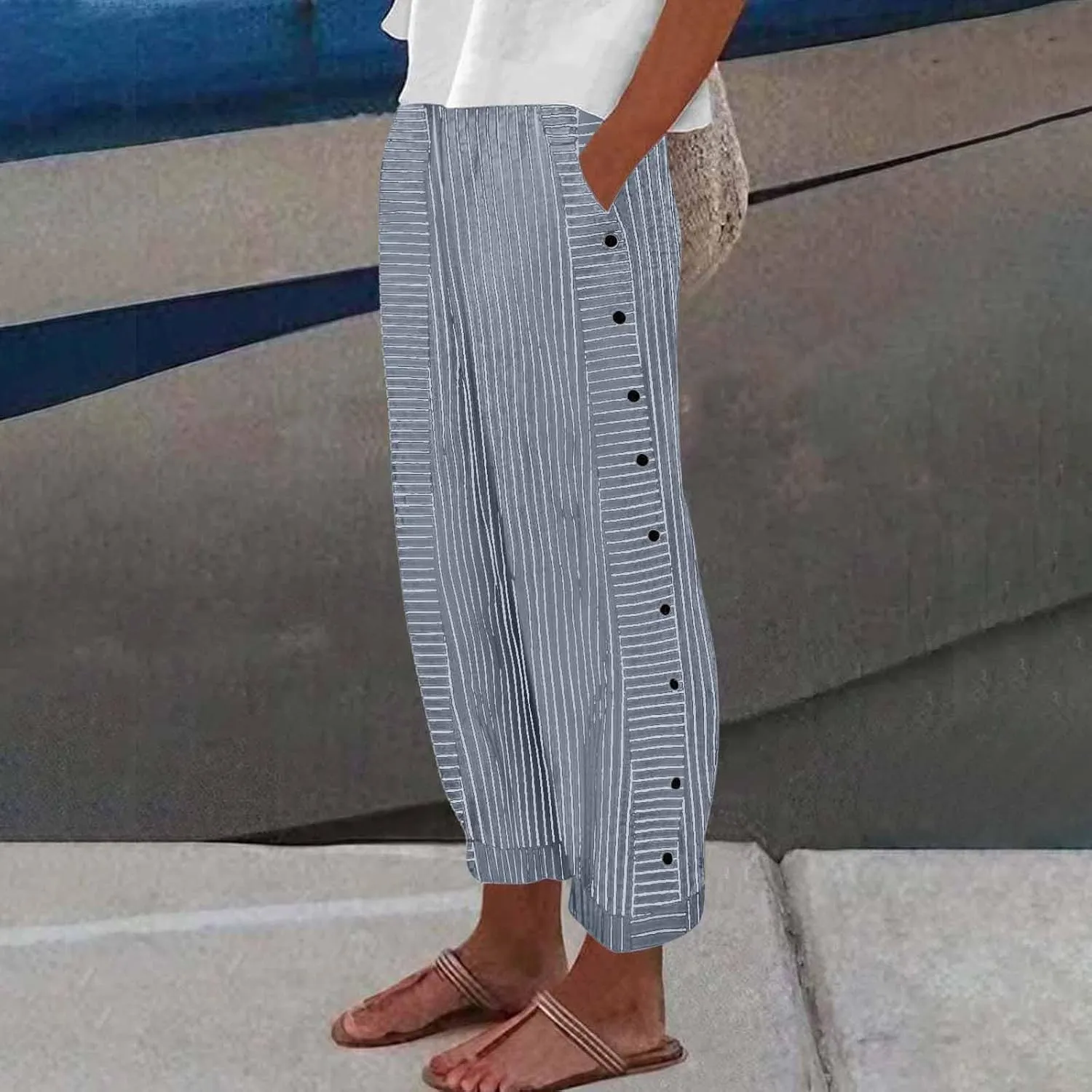 Womens Linen Pants High Waisted Summer Beach Pants Elastic Waist Tapered Pants Casual Trousers with Pocket