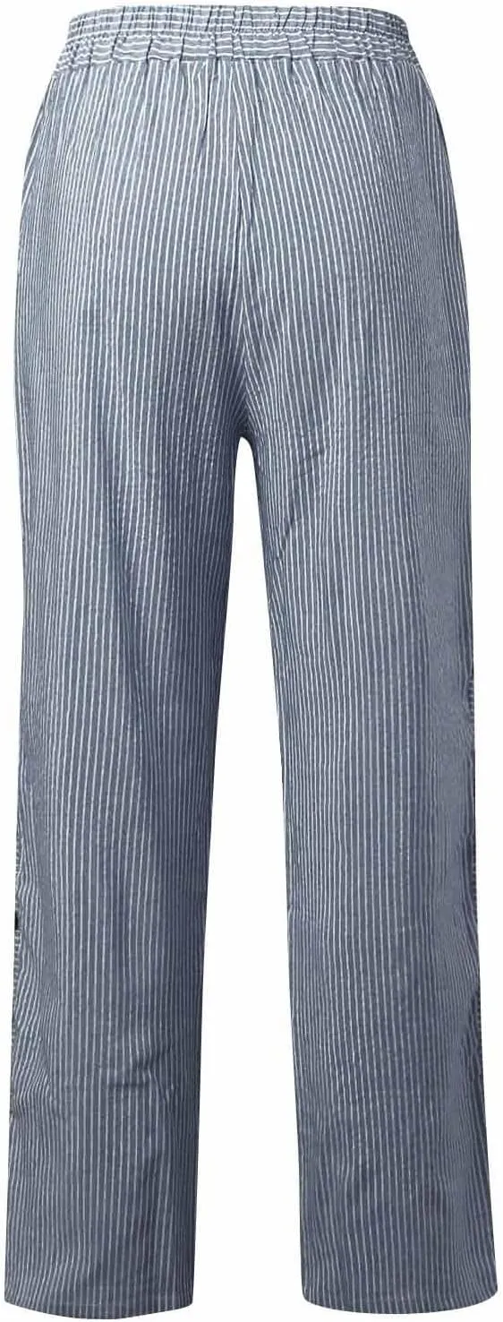 Womens Linen Pants High Waisted Summer Beach Pants Elastic Waist Tapered Pants Casual Trousers with Pocket
