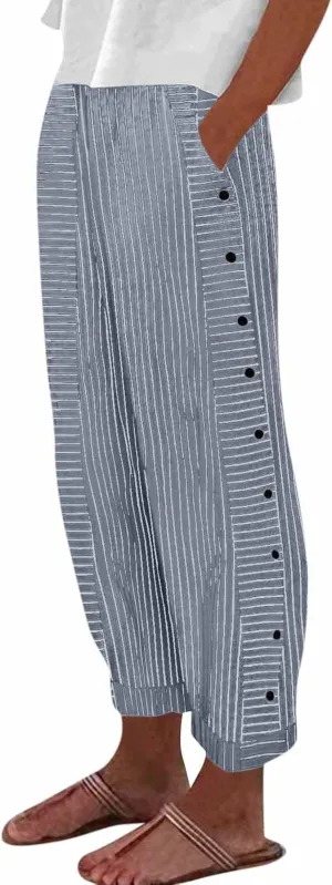 Womens Linen Pants High Waisted Summer Beach Pants Elastic Waist Tapered Pants Casual Trousers with Pocket
