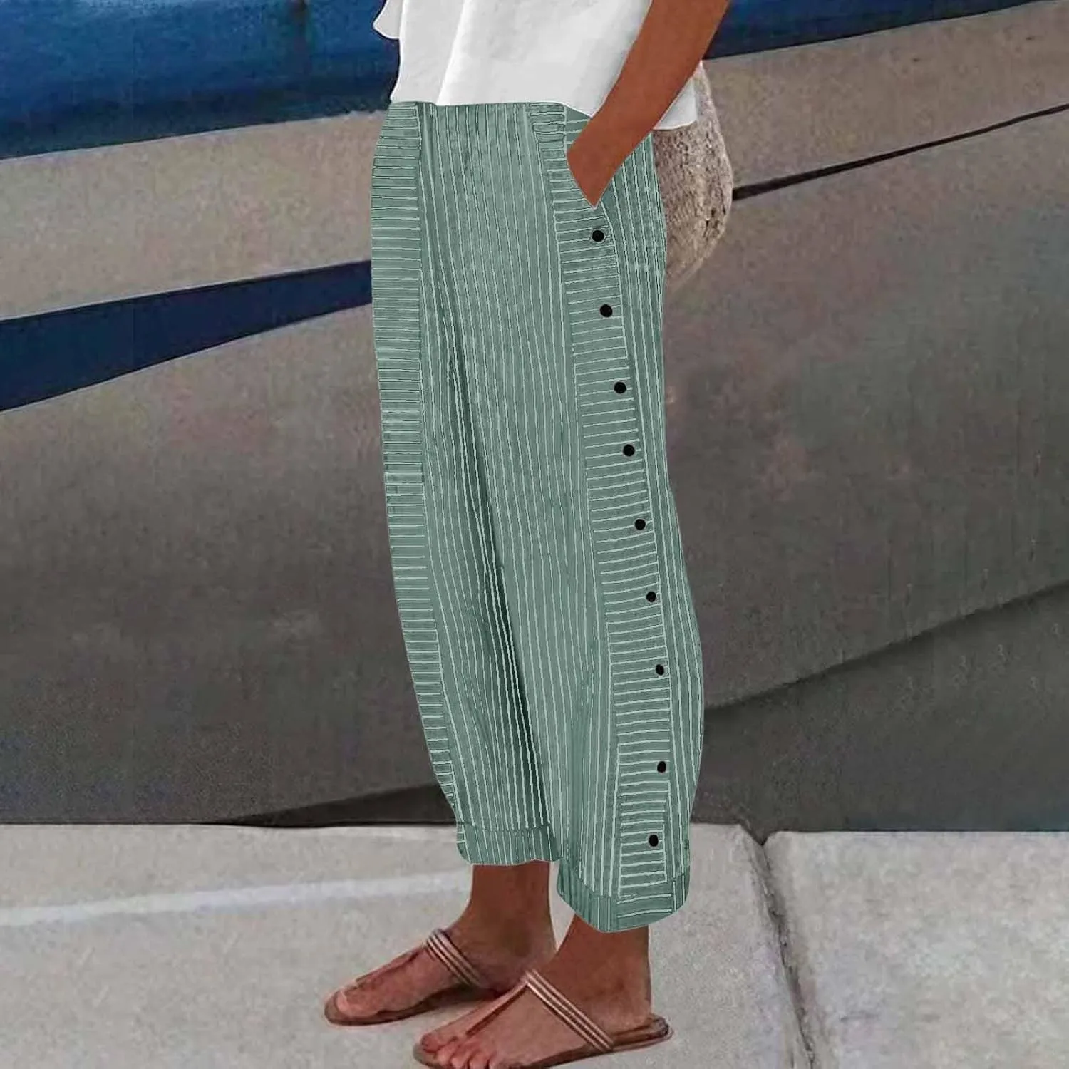 Womens Linen Pants High Waisted Summer Beach Pants Elastic Waist Tapered Pants, Small-5X-Large, Beige