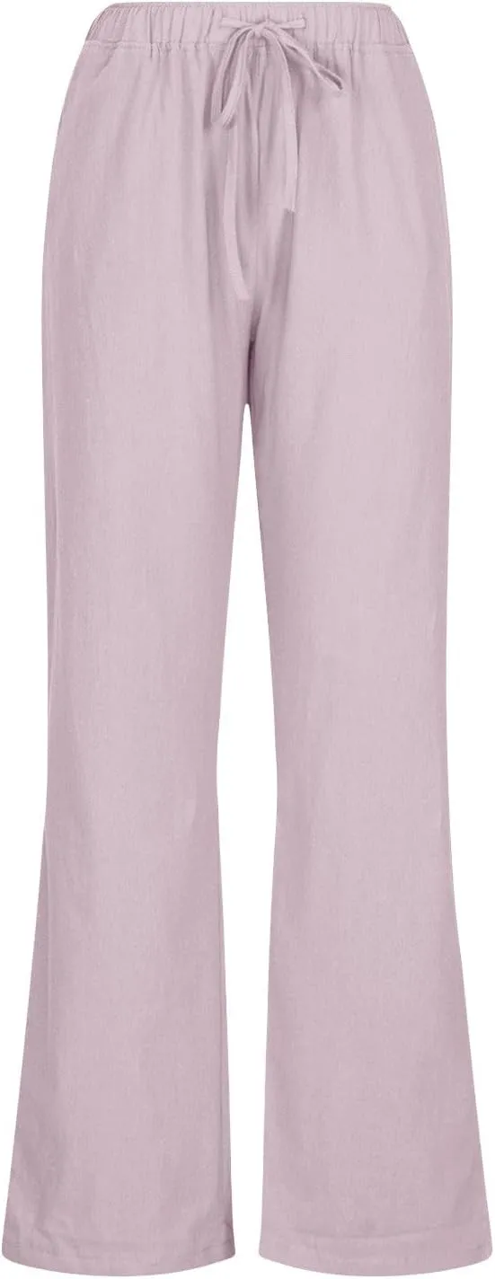 Womens Linen Pants High Waisted Summer Flowy Lightweight Elegant Straight Fashion Vacation Trousers with Pockets