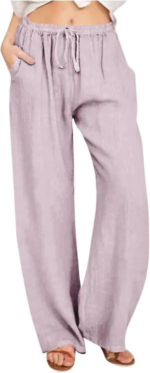 Womens Linen Pants High Waisted Summer Flowy Lightweight Elegant Straight Fashion Vacation Trousers with Pockets
