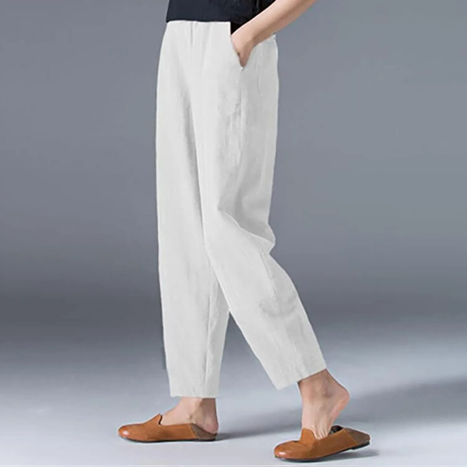 Women's Linen Pants Plus Size High Waisted Elastic Trouser Summer Drawstring Pants Loose Fit Lightweight Long Pants