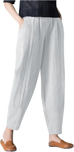 Women's Linen Pants Plus Size High Waisted Elastic Trouser Summer Drawstring Pants Loose Fit Lightweight Long Pants