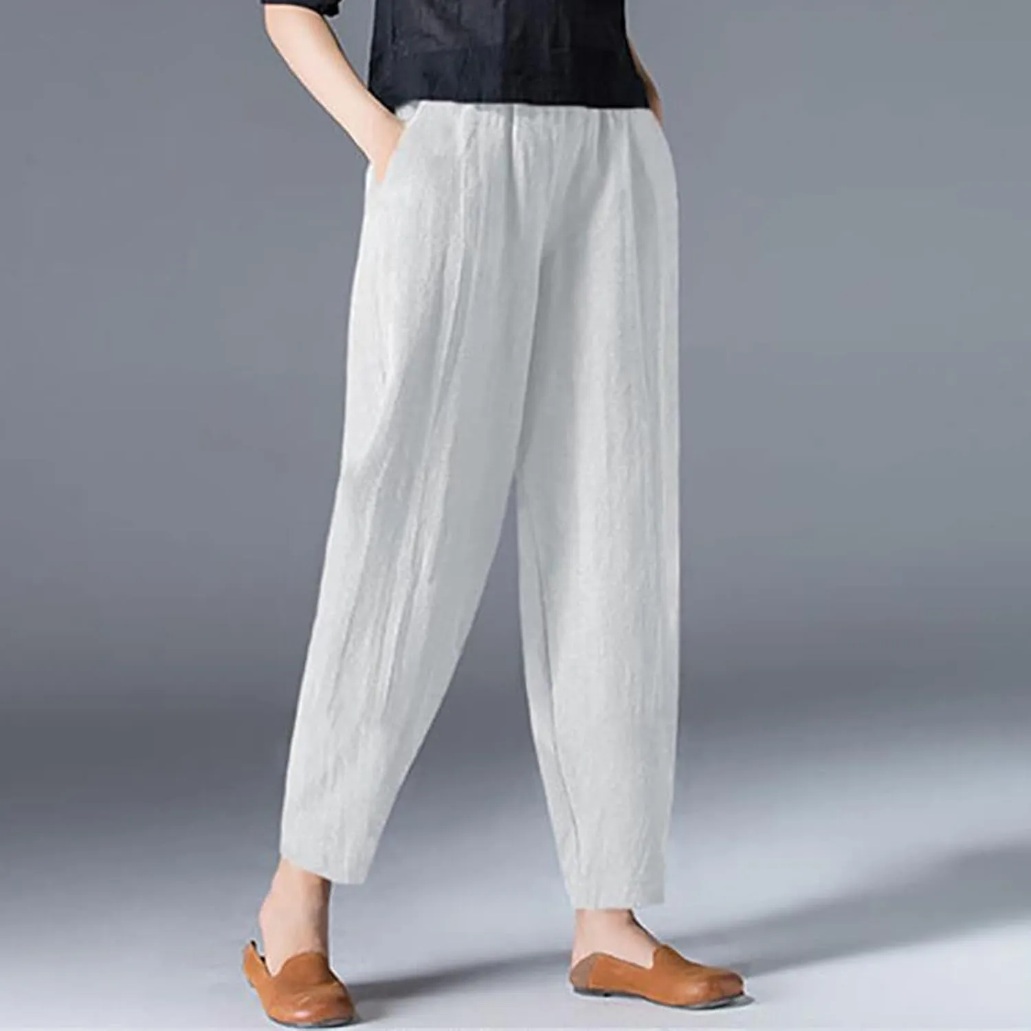 Women's Linen Pants Plus Size High Waisted Elastic Trouser Summer Drawstring Pants Loose Fit Lightweight Long Pants