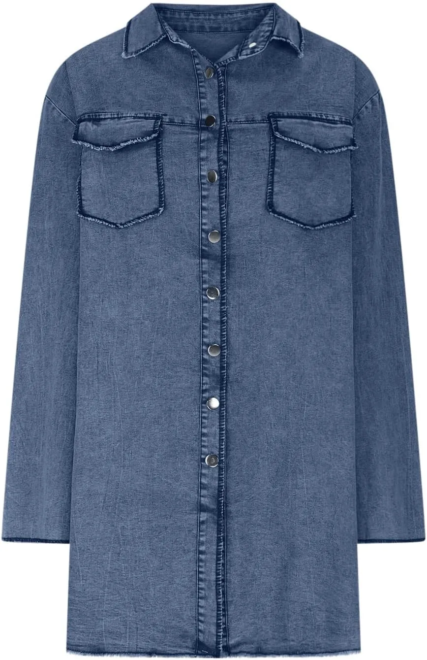 Womens Long Denim Jackets Plus Size Trench Coat Open Front Cardigan Button Down Long Sleeve Classic Jeans Jackets