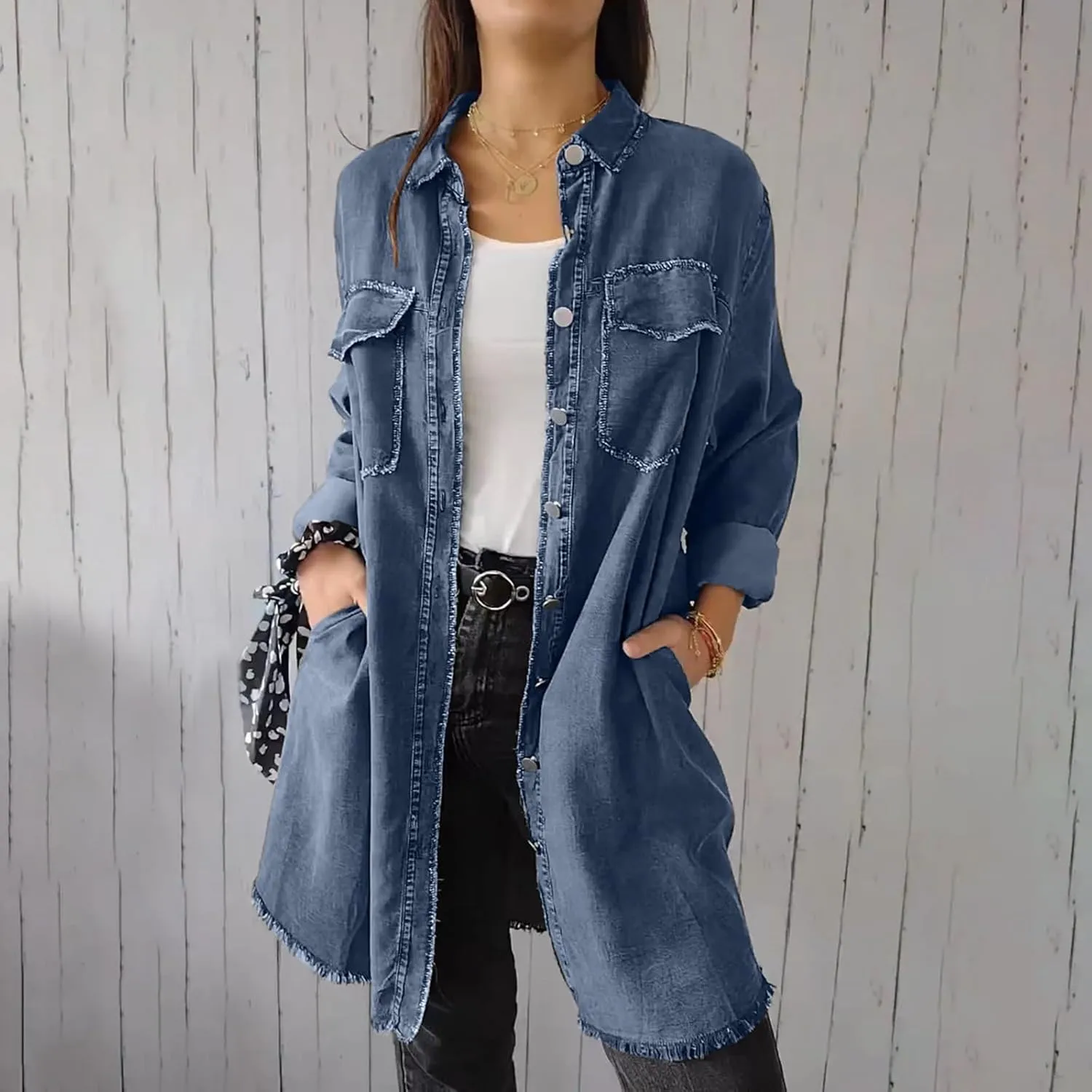 Womens Long Denim Jackets Plus Size Trench Coat Open Front Cardigan Button Down Long Sleeve Classic Jeans Jackets