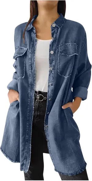 Womens Long Denim Jackets Plus Size Trench Coat Open Front Cardigan Button Down Long Sleeve Classic Jeans Jackets