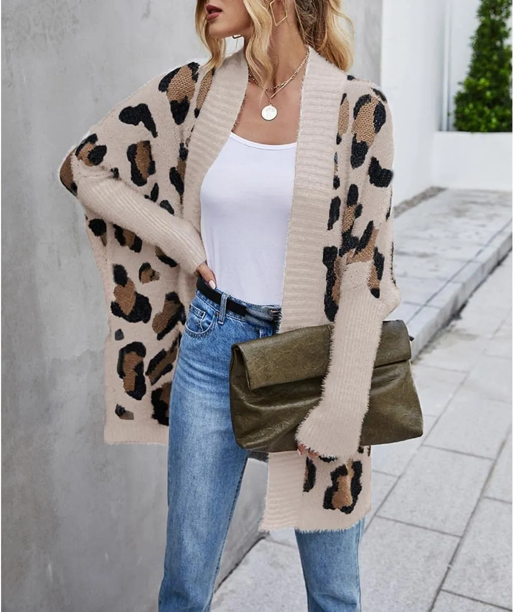 Women's Long Sleeves Sweaters Soft Knit Leopard Open Front Long Sleeve Cardigan Outwear