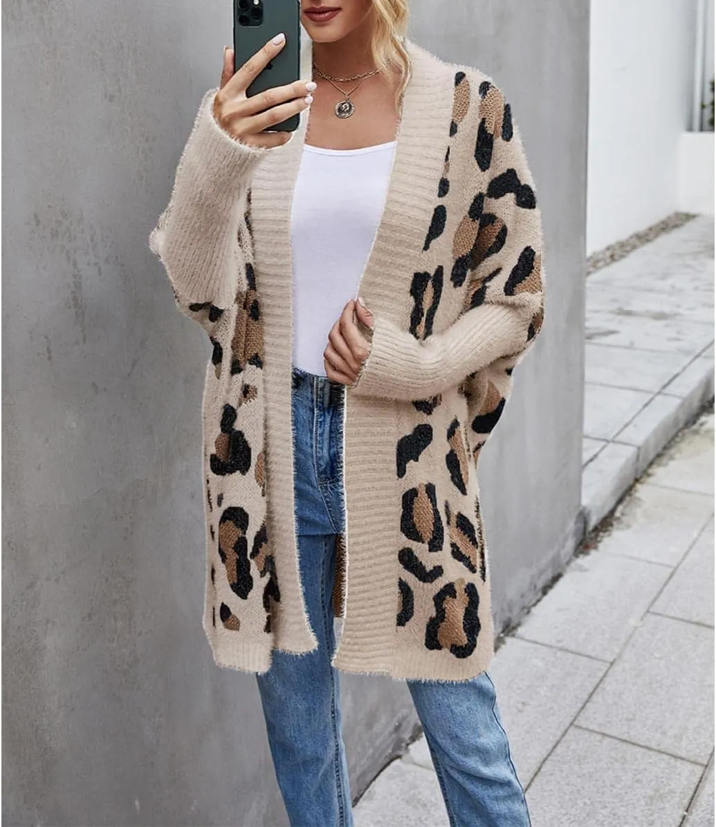 Women's Long Sleeves Sweaters Soft Knit Leopard Open Front Long Sleeve Cardigan Outwear