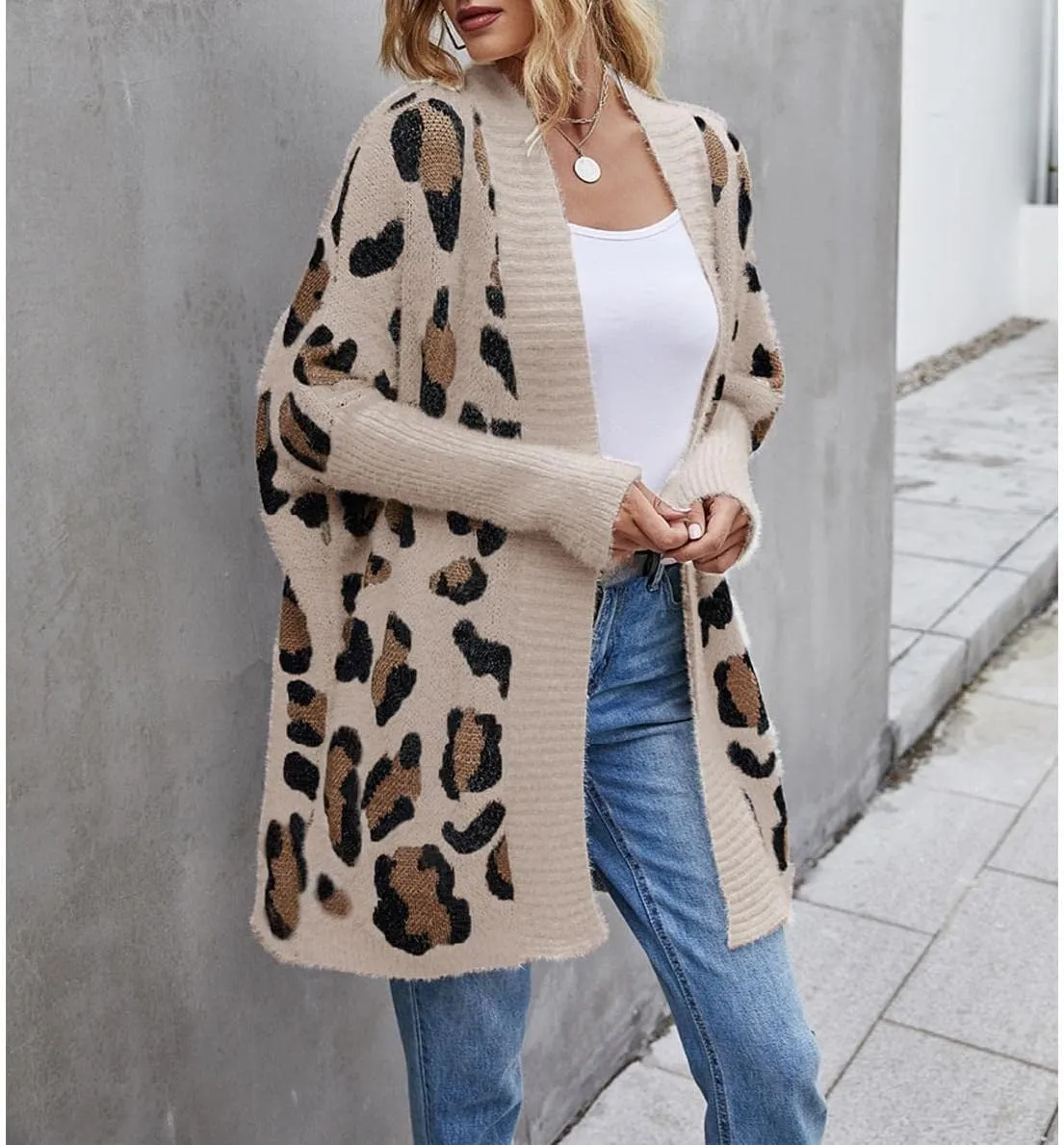 Women's Long Sleeves Sweaters Soft Knit Leopard Open Front Long Sleeve Cardigan Outwear