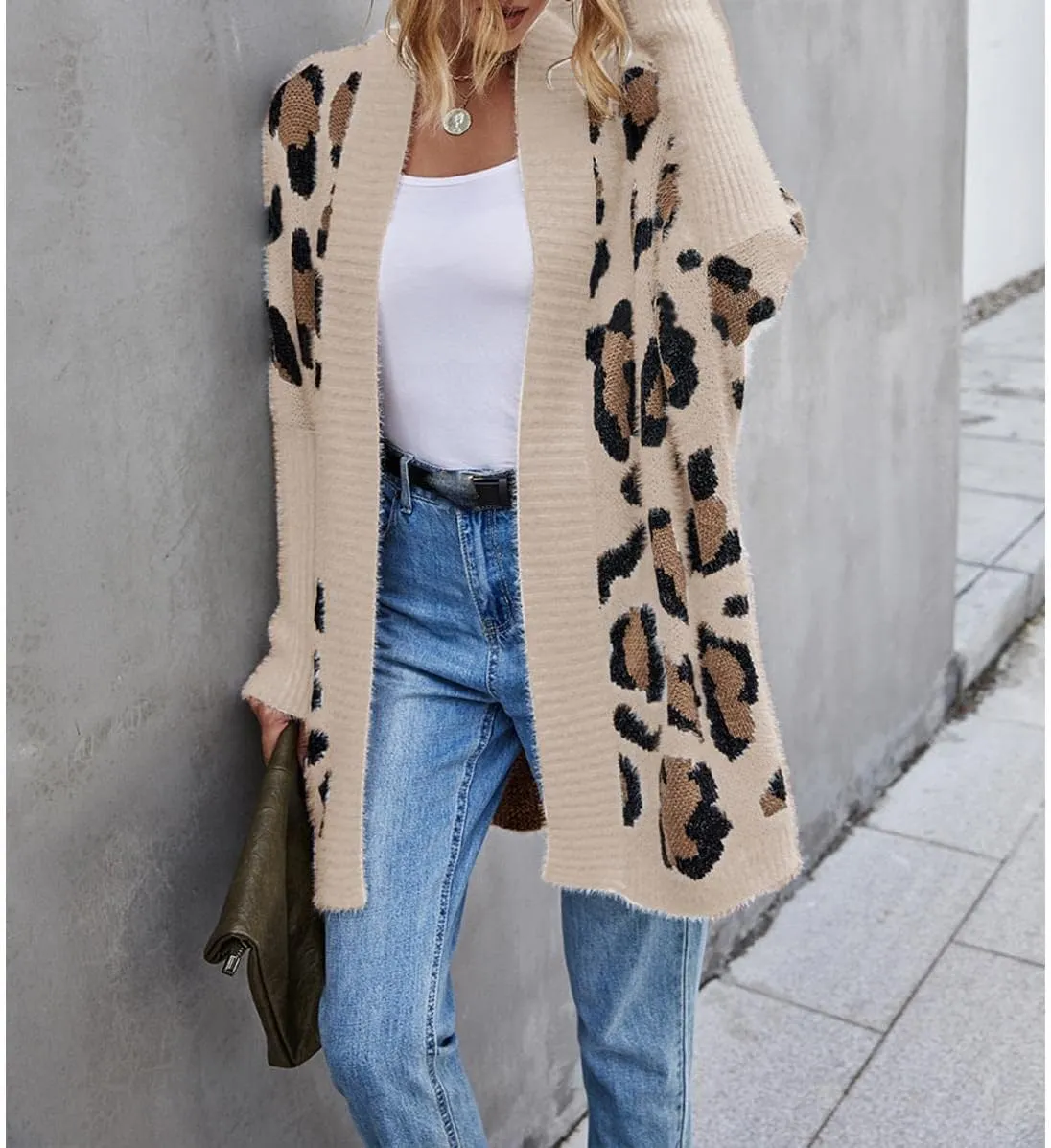 Women's Long Sleeves Sweaters Soft Knit Leopard Open Front Long Sleeve Cardigan Outwear