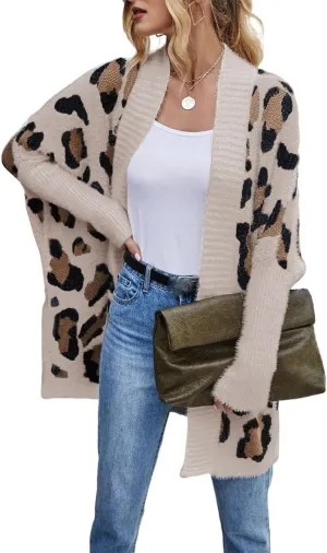 Women's Long Sleeves Sweaters Soft Knit Leopard Open Front Long Sleeve Cardigan Outwear