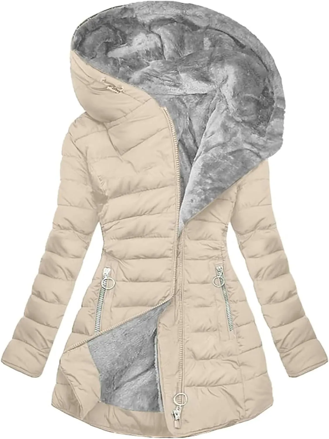 Women's Long Warm Thickened Winter Coat Offer Sherpa Lined Down Jacket Winter Cotton Padded Jacket Waterproof Fleece Coats Outdoor Women's Jacket(Apricot,Large)
