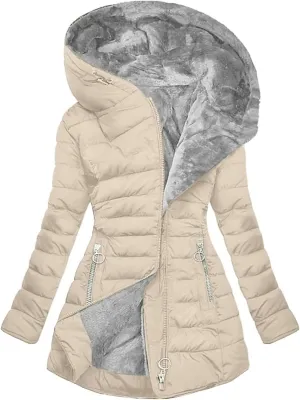 Women's Long Warm Thickened Winter Coat Offer Sherpa Lined Down Jacket Winter Cotton Padded Jacket Waterproof Fleece Coats Outdoor Women's Jacket(Apricot,Large)