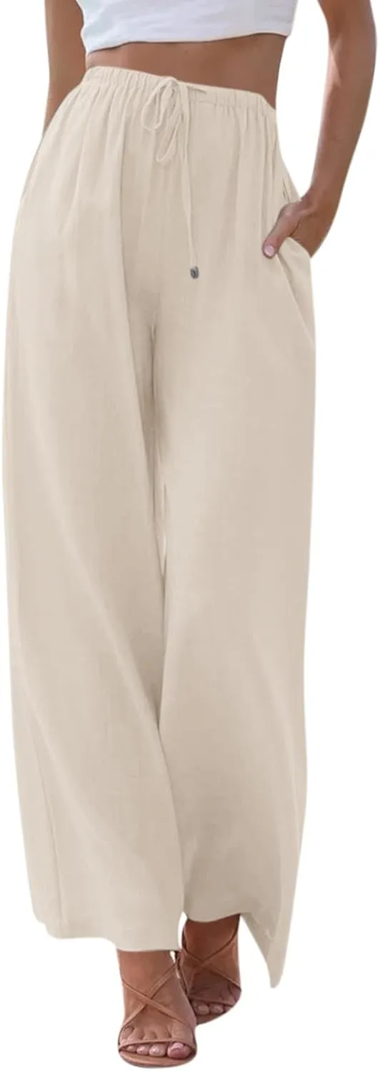 Women's Palazzo Linen Pants Summer Flowy Beach Pants Drawstring High Waisted Wide Leg Lounge Trousers with Pockets