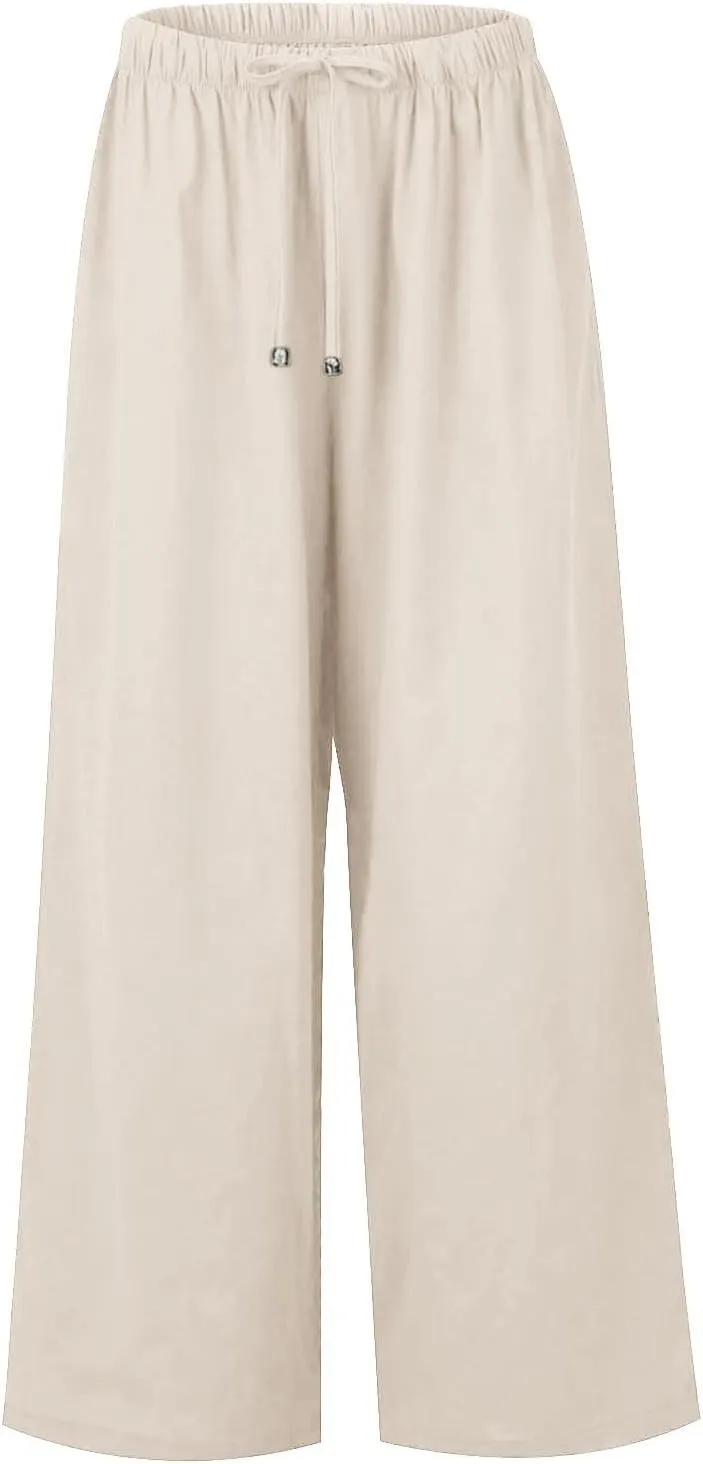 Women's Palazzo Linen Pants Summer Flowy Beach Pants Drawstring High Waisted Wide Leg Lounge Trousers with Pockets
