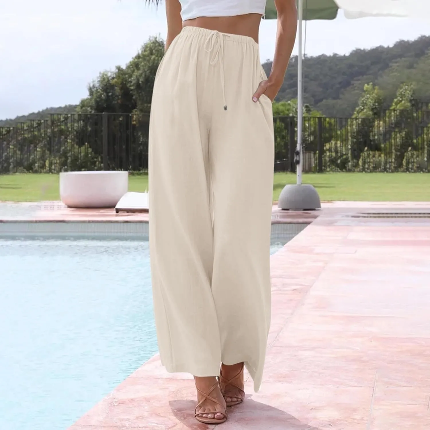 Women's Palazzo Linen Pants Summer Flowy Beach Pants Drawstring High Waisted Wide Leg Lounge Trousers with Pockets