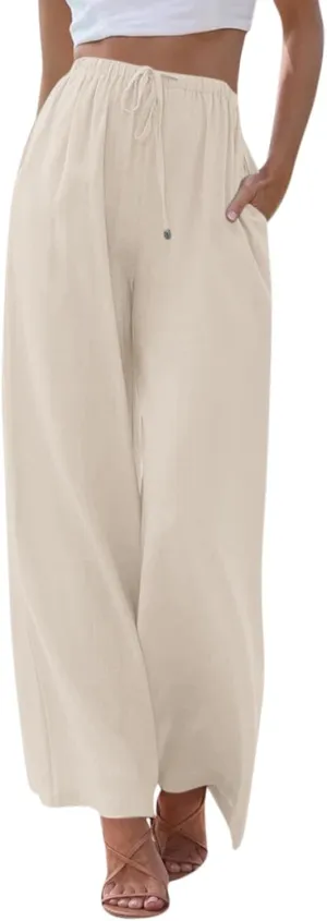 Women's Palazzo Linen Pants Summer Flowy Beach Pants Drawstring High Waisted Wide Leg Lounge Trousers with Pockets