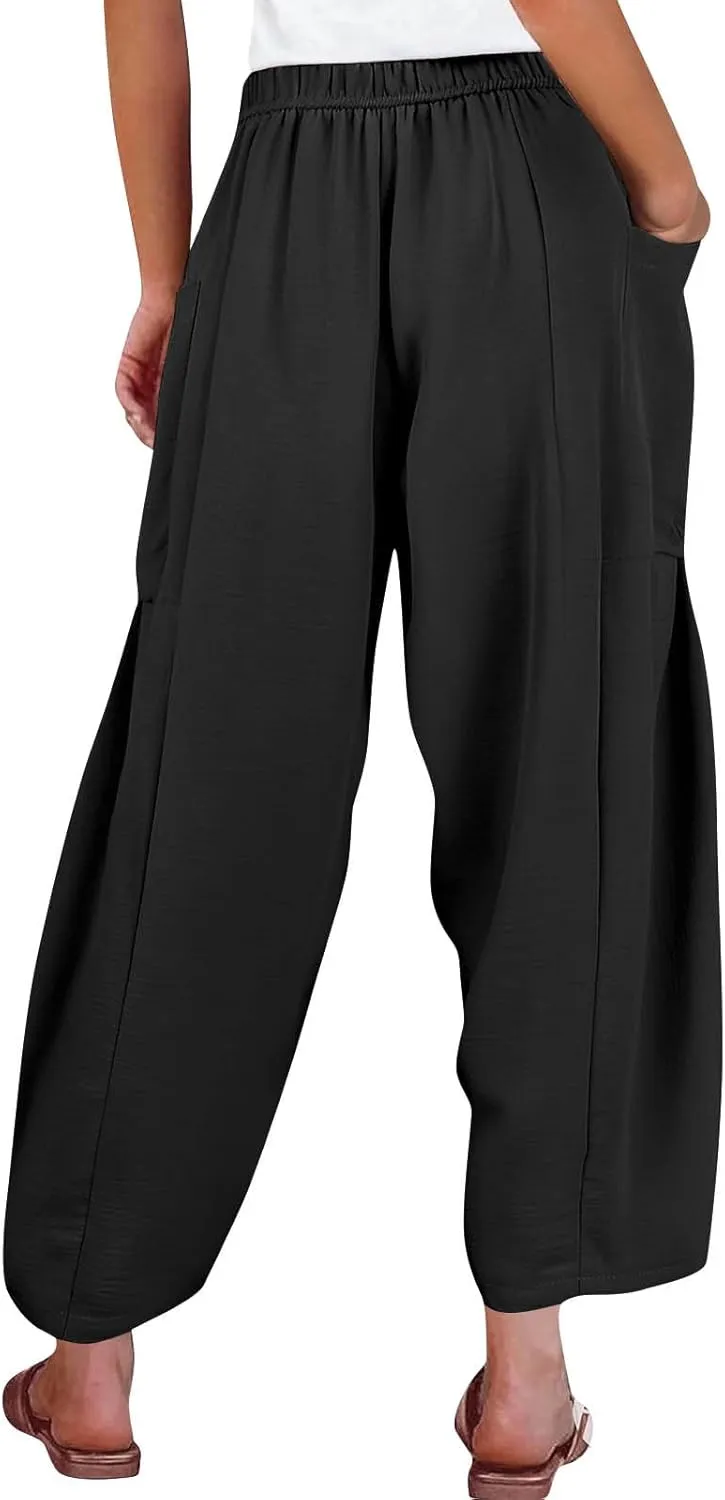 Womens Palazzo Pants Cotton Linen High Waisted Summer 2025 Pants Drawstring Wide Leg Multi-Pocket Solid Outfit Fashion
