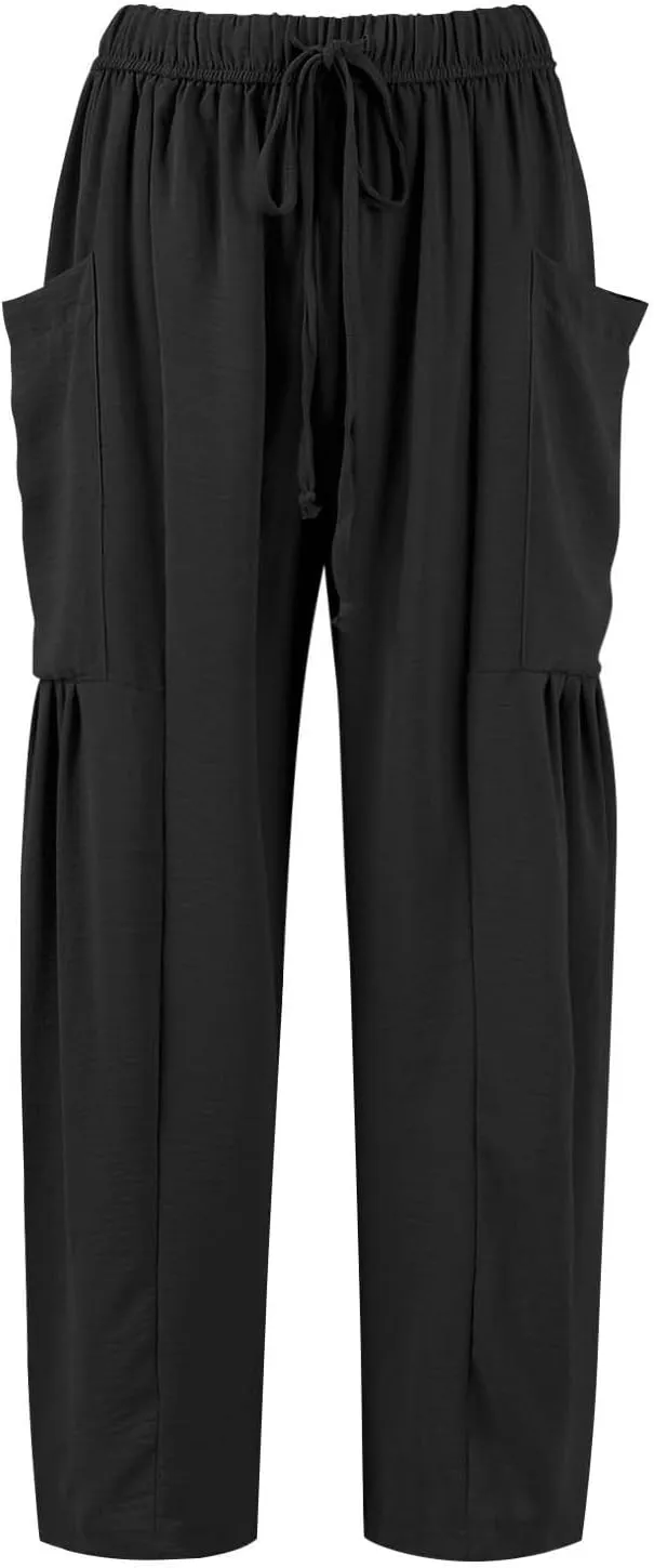 Womens Palazzo Pants Cotton Linen High Waisted Summer 2025 Pants Drawstring Wide Leg Multi-Pocket Solid Outfit Fashion