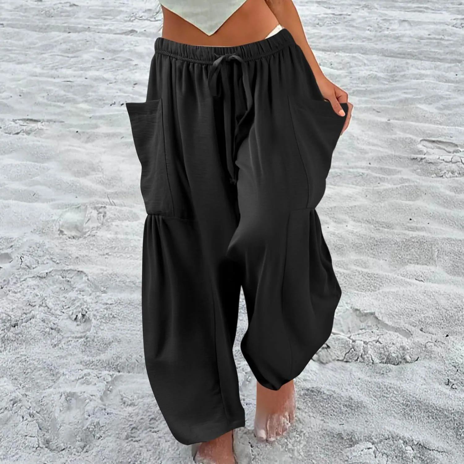 Womens Palazzo Pants Cotton Linen High Waisted Summer 2025 Pants Drawstring Wide Leg Multi-Pocket Solid Outfit Fashion