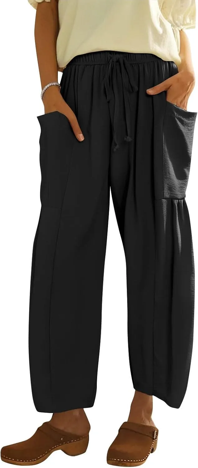 Womens Palazzo Pants Cotton Linen High Waisted Summer 2025 Pants Drawstring Wide Leg Multi-Pocket Solid Outfit Fashion