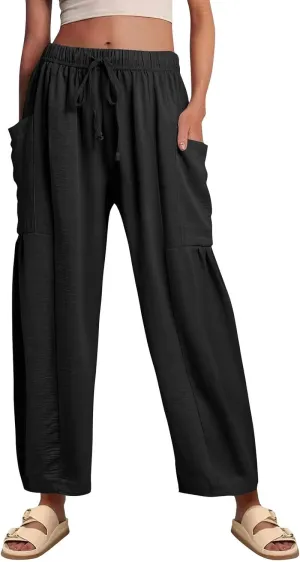 Womens Palazzo Pants Cotton Linen High Waisted Summer 2025 Pants Drawstring Wide Leg Multi-Pocket Solid Outfit Fashion