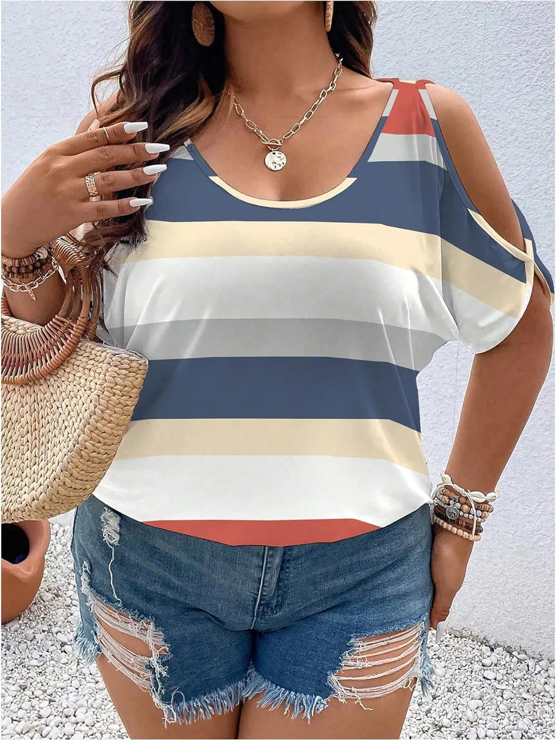 Women's Plus Size Cold Shoulder Cut Out Tee Half Sleeve Scoop Neck Loose T-Shirt