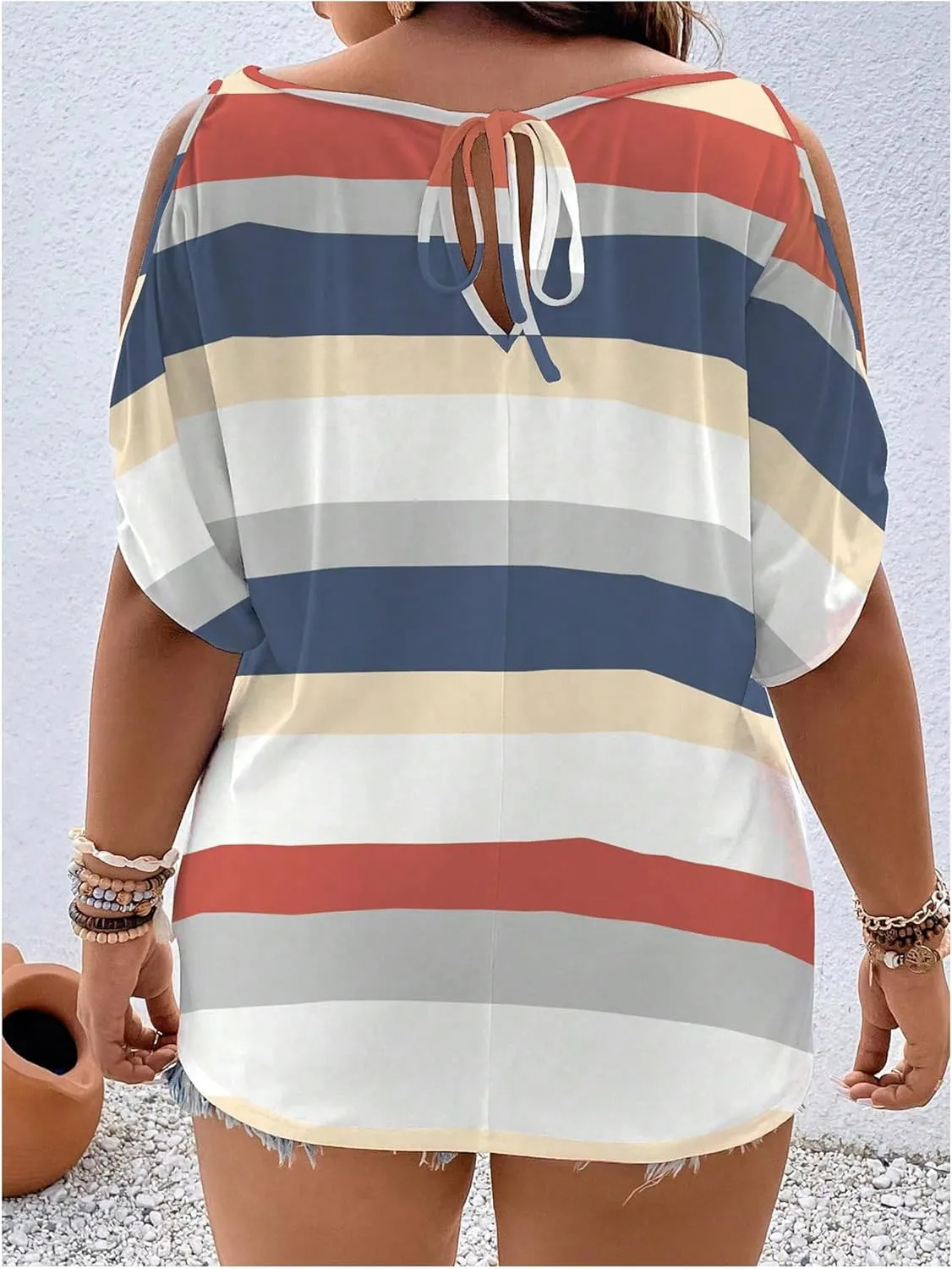 Women's Plus Size Cold Shoulder Cut Out Tee Half Sleeve Scoop Neck Loose T-Shirt