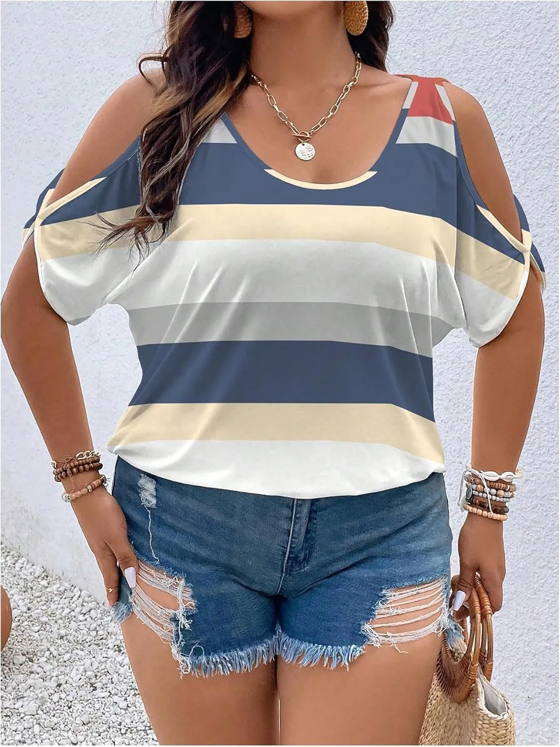 Women's Plus Size Cold Shoulder Cut Out Tee Half Sleeve Scoop Neck Loose T-Shirt