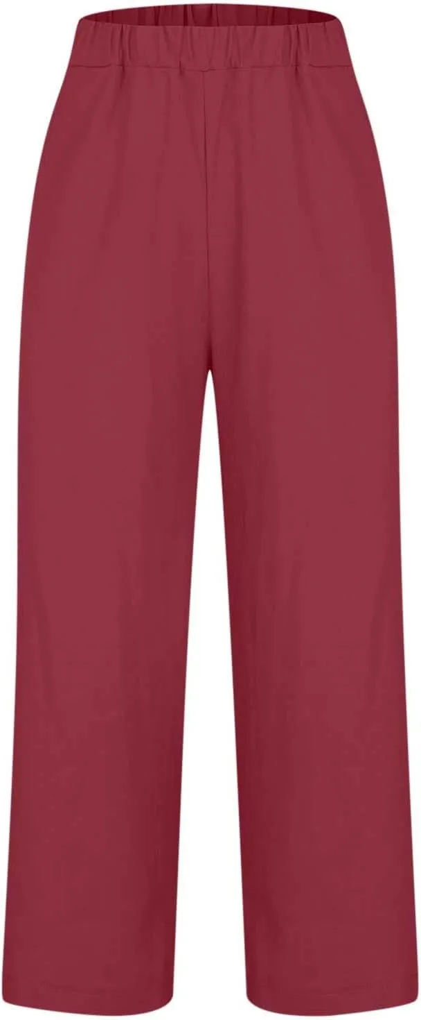 Womens Plus Size Cotton Linen Pants Elastic High Waist Summer Pants Casual Loose Fit Vacation Trousers with Pockets