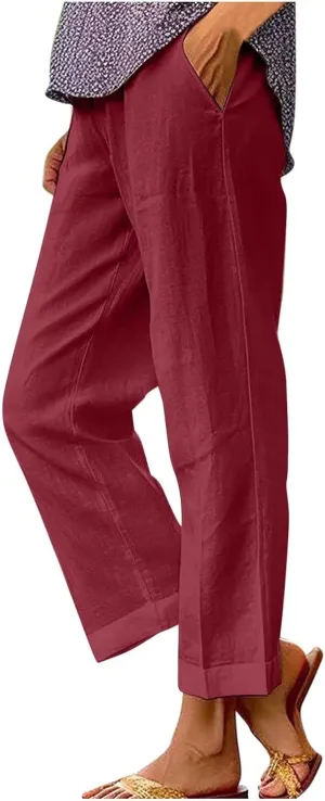 Womens Plus Size Cotton Linen Pants Elastic High Waist Summer Pants Casual Loose Fit Vacation Trousers with Pockets