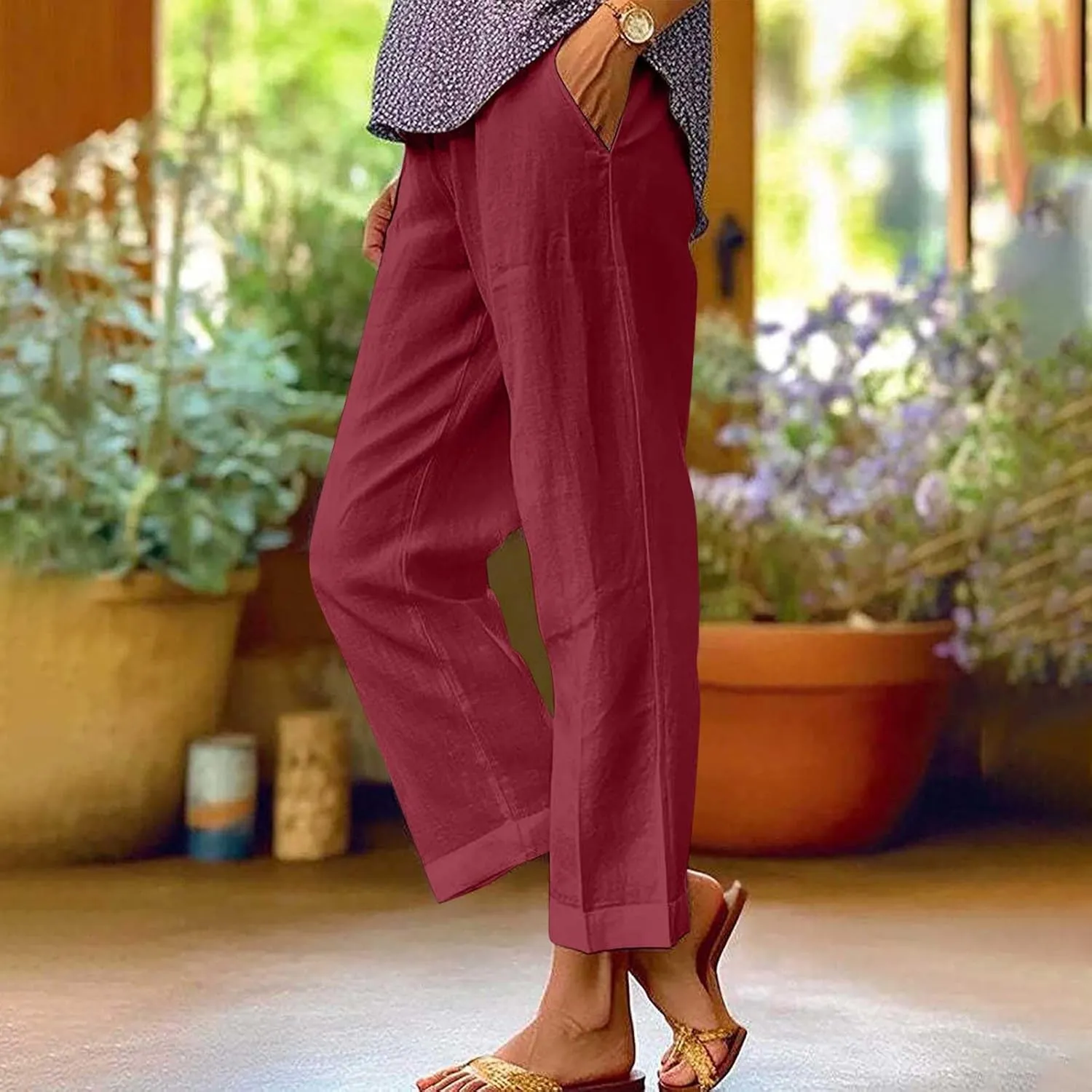 Womens Plus Size Cotton Linen Pants Elastic High Waist Summer Pants Casual Loose Fit Vacation Trousers with Pockets