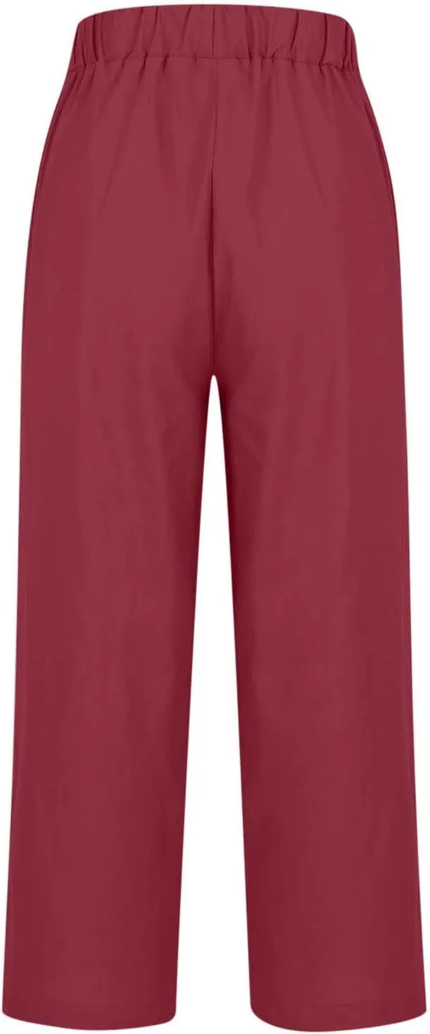 Womens Plus Size Cotton Linen Pants Elastic High Waist Summer Pants Casual Loose Fit Vacation Trousers with Pockets