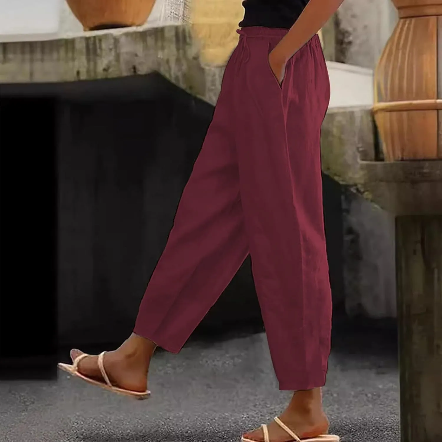 Womens Plus Size Linen Pants Summer High Waisted Wide Leg Pants Lightweight Baggy Boho Beach Lounge Trousers Pockets