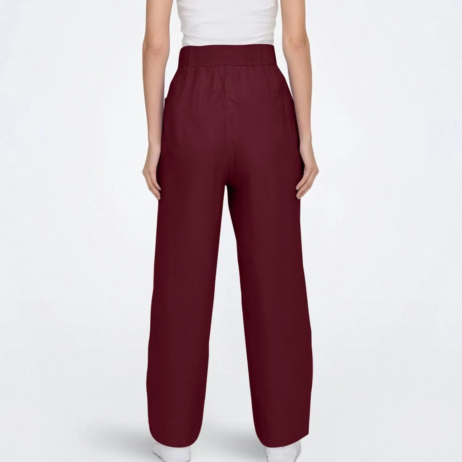 Womens Plus Size Linen Pants Summer High Waisted Wide Leg Pants Lightweight Baggy Boho Beach Lounge Trousers Pockets