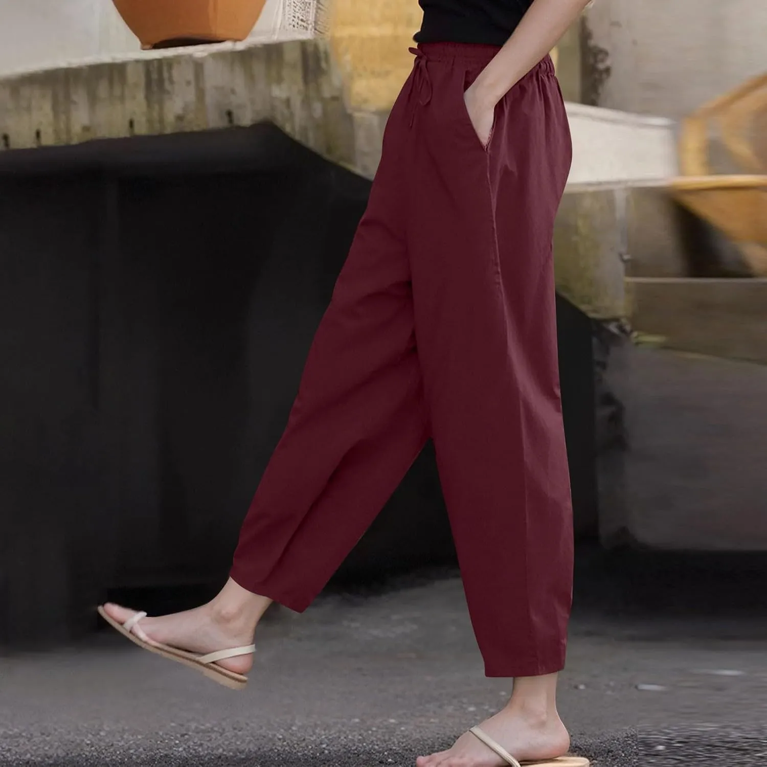 Womens Plus Size Linen Pants Summer High Waisted Wide Leg Pants Lightweight Baggy Boho Beach Lounge Trousers Pockets