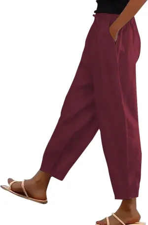 Womens Plus Size Linen Pants Summer High Waisted Wide Leg Pants Lightweight Baggy Boho Beach Lounge Trousers Pockets