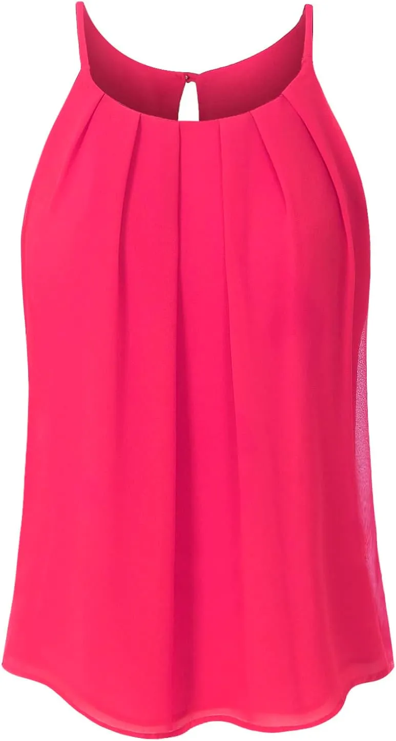 Women's Round Neck Pleated Double Layered Chiffon Cami Tank Top (S~3XL)
