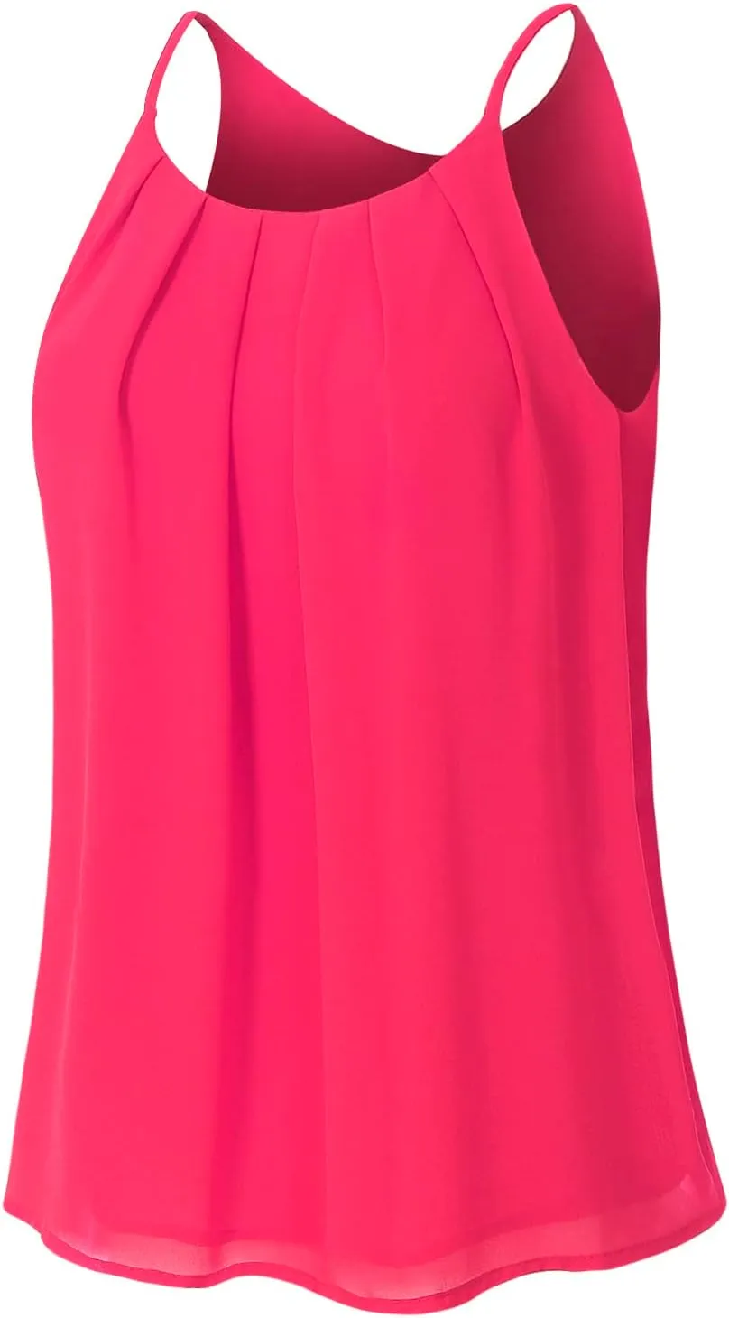 Women's Round Neck Pleated Double Layered Chiffon Cami Tank Top (S~3XL)