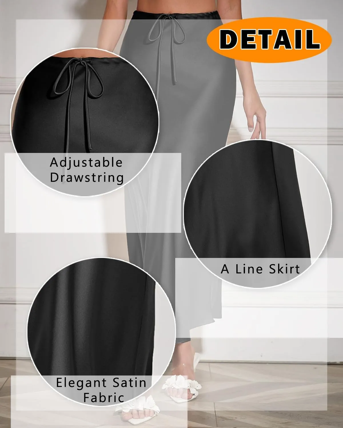 Women's Satin Maxi Skirts Drawstring High Waist Silk Elegant Flowy Casual A-Line Long Skirt for Women
