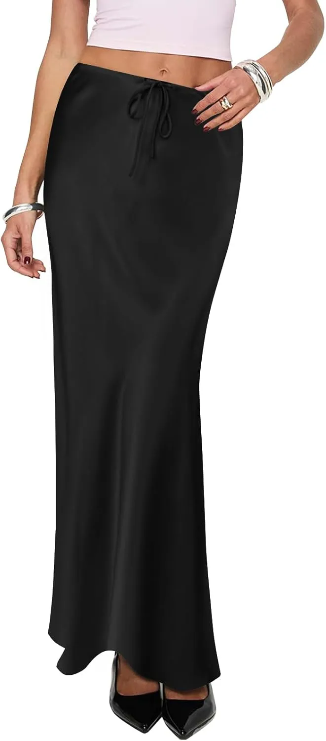 Women's Satin Maxi Skirts Drawstring High Waist Silk Elegant Flowy Casual A-Line Long Skirt for Women