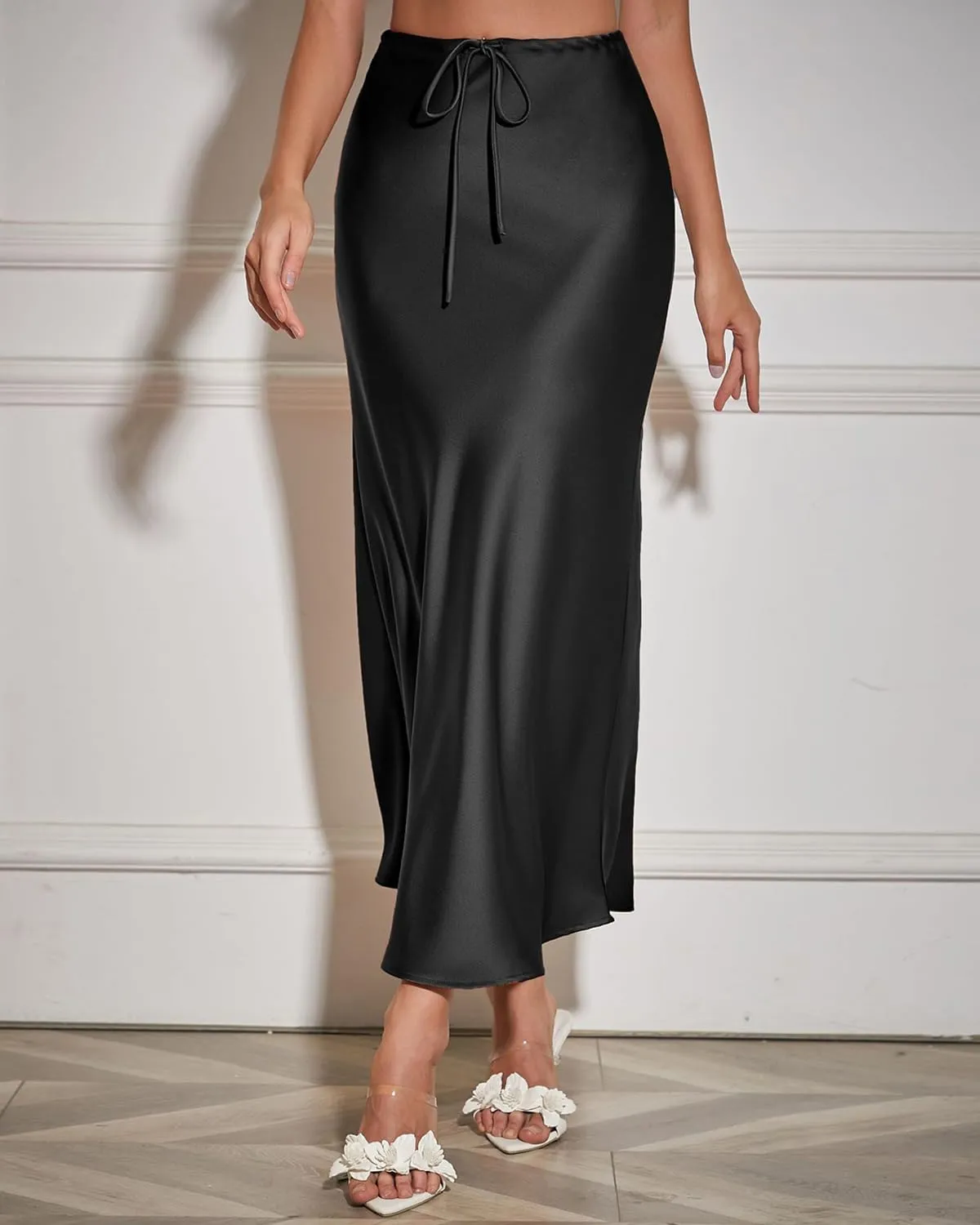 Women's Satin Maxi Skirts Drawstring High Waist Silk Elegant Flowy Casual A-Line Long Skirt for Women