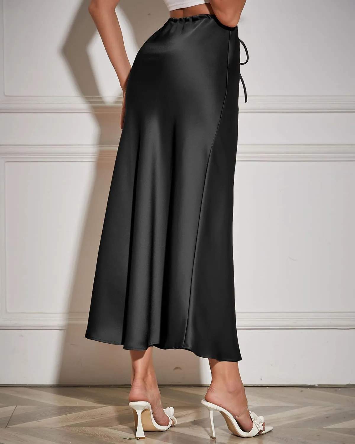 Women's Satin Maxi Skirts Drawstring High Waist Silk Elegant Flowy Casual A-Line Long Skirt for Women